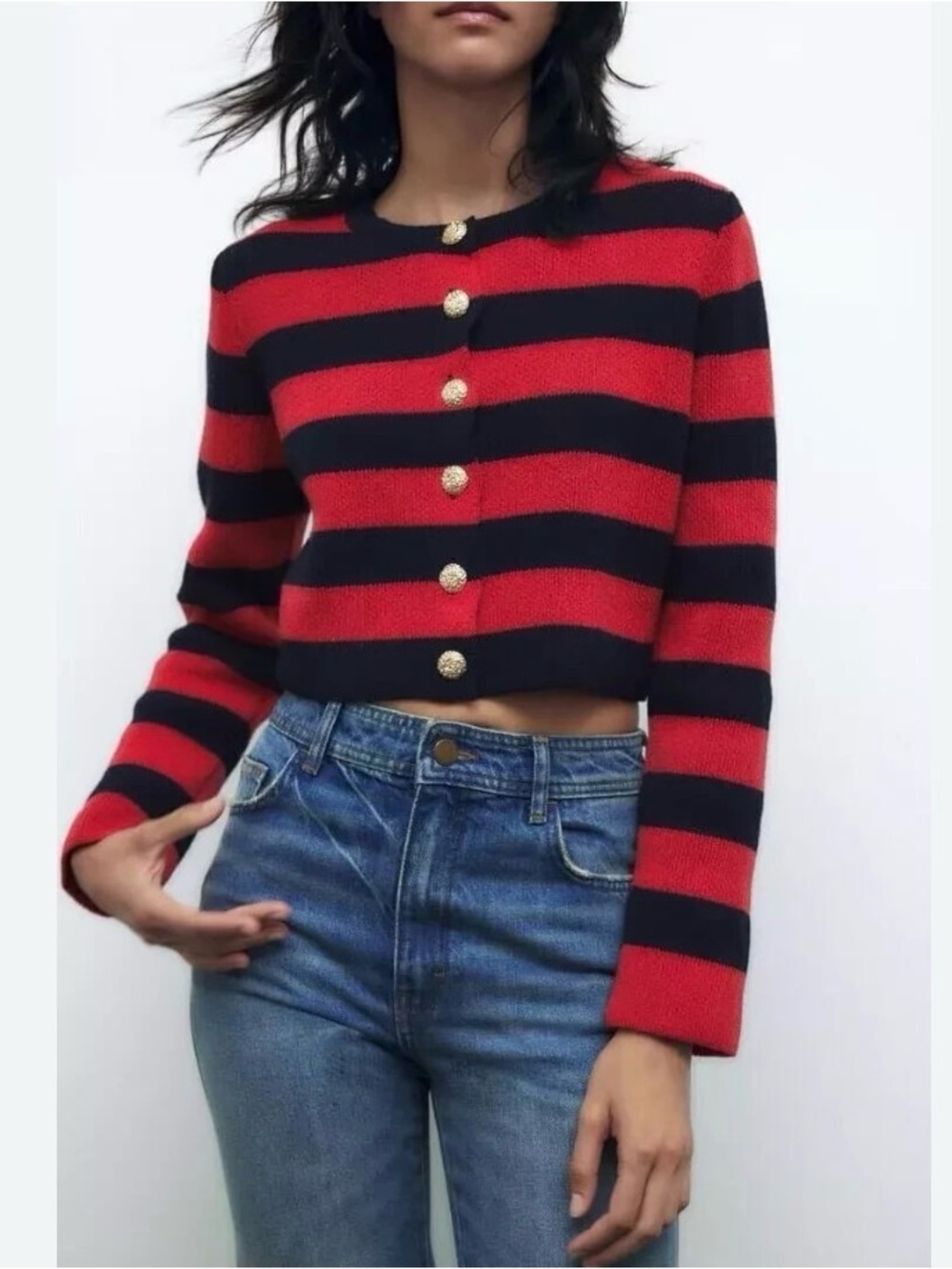 Zara Red and Navy Blue Striped Cropped Cardigan with Gold Buttons Small